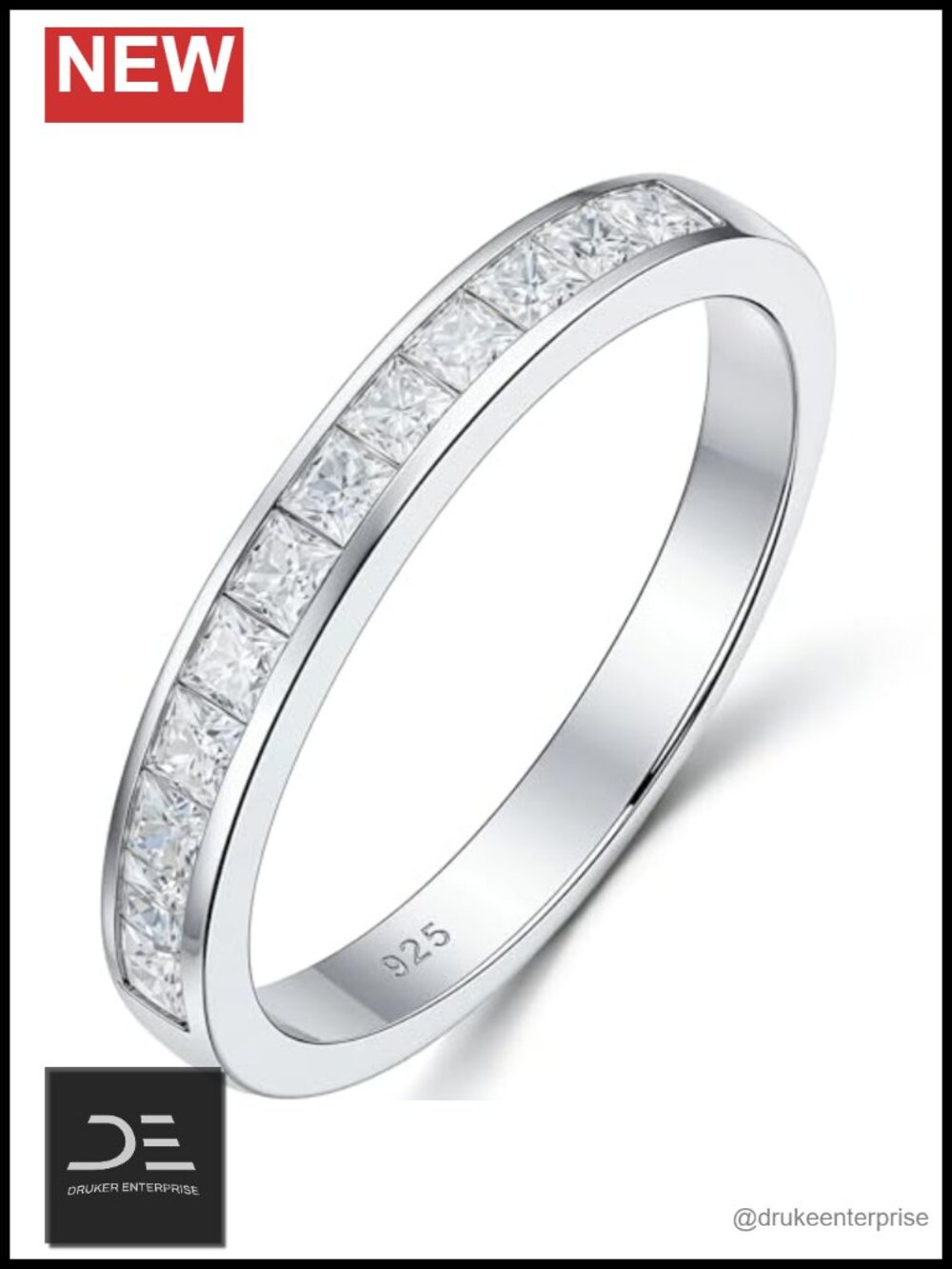 Sterling Silver Moissanite Half Eternity Princess Cut Wedding Ring Stackable